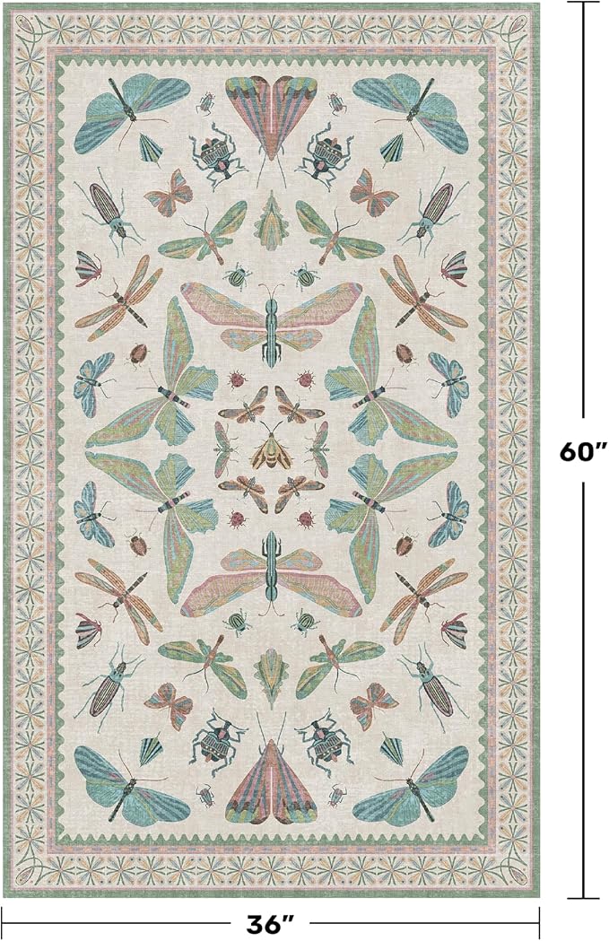 Washable Sage Green Large Entryway Rug, 3x5 Area Rugs for Laundry Room, Kitchen, Bedroom, Dorm, Insect Print Vintage Floral Non-Slip Throw Rug Low Pile Stain Resistance