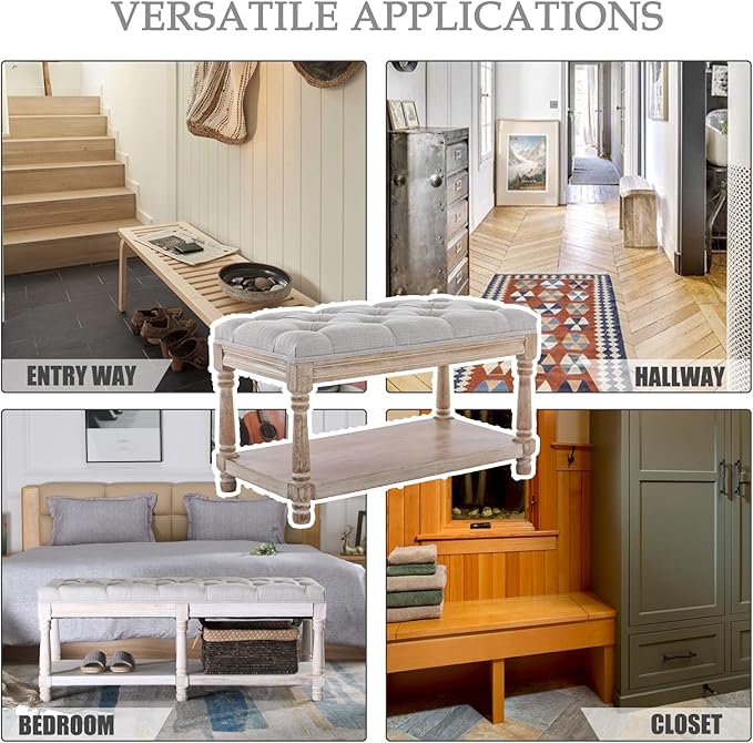 Kmax Storage Entryway Bench Tufted Shoe Rack Bench Wood Window Bench for Hallway Entrance Bedroom Corner-1 Seat, Gray