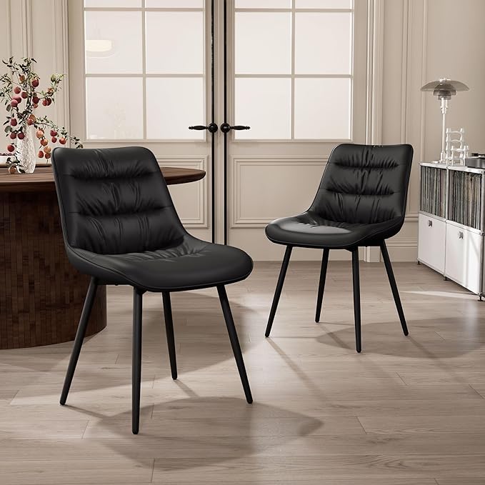 Kidol & Shellder Dining Chairs Set of 2, Modern Upholstered PU Leather Kitchen Side Chairs with Comfortable Back - Mid-Century Armless Chair for Dining Living Room Bedrooms, with Metal Legs (Black)