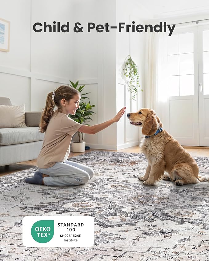 AMADA HOMEFURNISHING 6x9 Area Rugs, Blue Low-Profile Washable Rug with Non-Slip Backing & Durable Edge Binding, Vintage Rugs for Living Room, Bedroom, Dinning Room