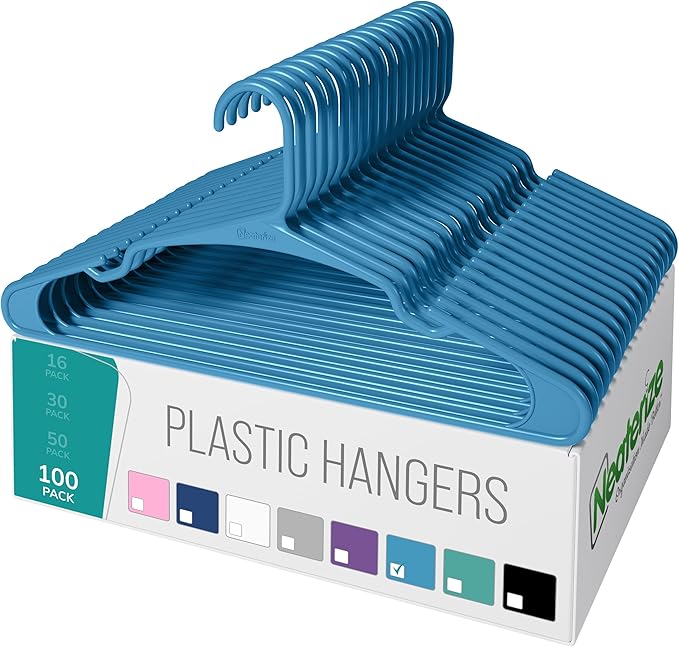 NEATERIZE Clothes Hangers Plastic 100 Pack for Adults - Plastic Hangers, The Perfect Coat Hanger and Space Saving Clothes Hangers for Closet, Percheros Ganchos para Colgar Ropa Hangars - Blue Hangers