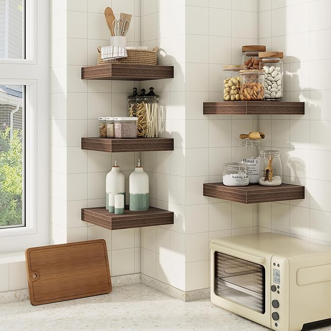 fuqing Floating Shelves for Wall, Wall Mounted Wood Floating Shelf with Invisible Brackets for Living Room, Bathroom, Bedroom, Kitchen Storage and Decor, 6.5 Inch Set of 3, Walnut