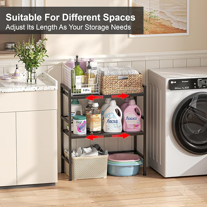 Expandable Metal Storage Shelves, 300 LBS Heavy Duty Metal Shelving Unit Rack For Pots And Pans Appliances Heavy Items, Adjustable 2 Tier Storage Shelf Rack Organizer For Kitchen Pantry Garage Laundry