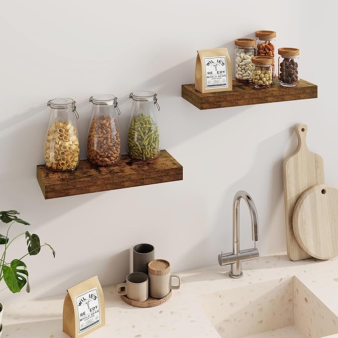Fun Memories Floating Shelves for Wall, 20Inch Floating Shelves Set of 2, Hanging Shelf with Invisible Brackets, Wood Shelves for Living Room, Bedroom, Kitchen, Brown