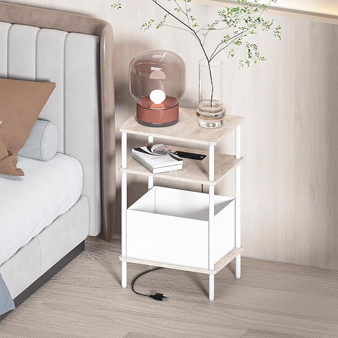 Small Side Table with Charging Station, End Table for Small Spaces, Slim Nightstand with Outlet,Sofa Beside Table, 3-Tier Storage Shelf,Living Room, Bed Room, Natrual Oak