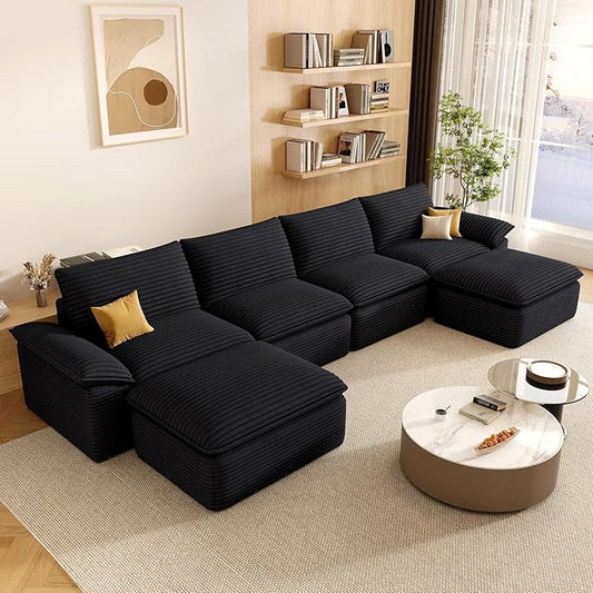 142" Cloud Sectional Couch with U-Shaped Chaise, Corduroy Sectional Sofa with Ottoman, Boneless Couch with Deep Seat in a Box for Living Room, No Assembly Required (Black)