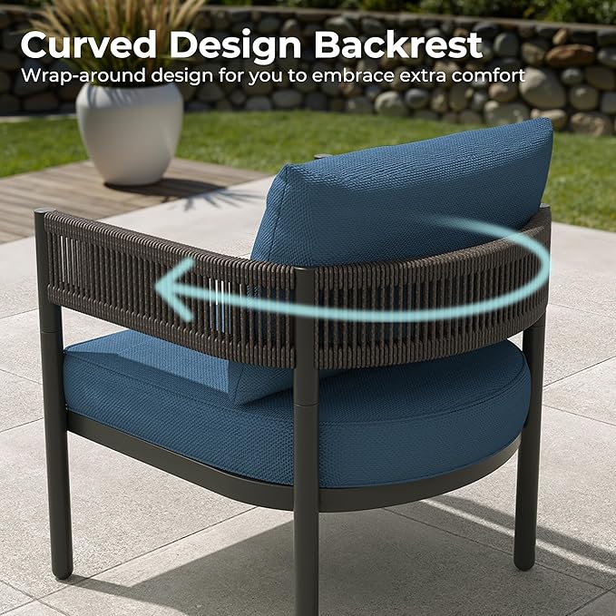 Grand patio 5-Piece Outdoor Furniture Set with 3-Seat Couch, Thick Cushions and Nesting Coffee Tables, Wicker Sofa Conversation Set for Backyard, Peacock Blue