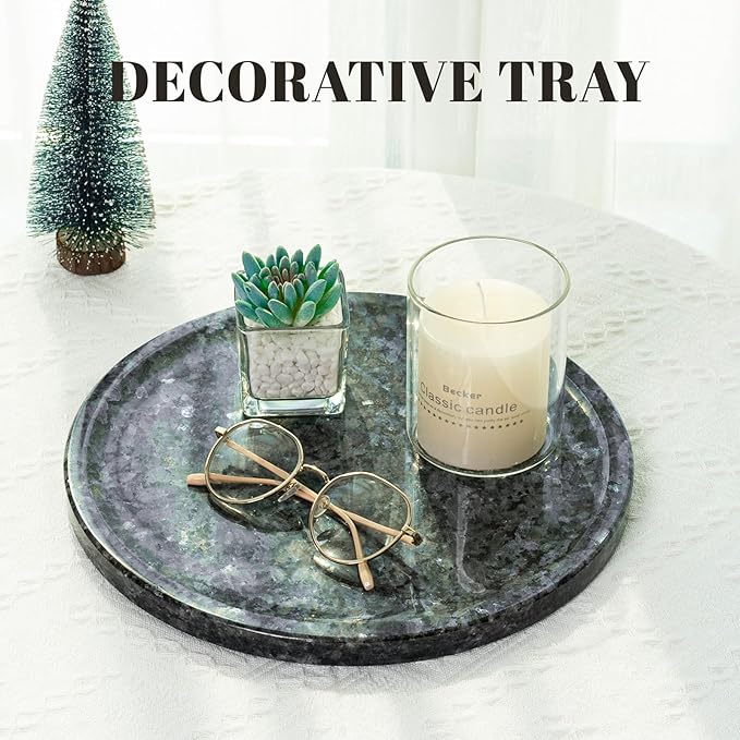 Natural Marble Tray, 11.8in Serving Tray for Fruit, Round Decorative Vanity Stone Plate for Jewelry&Key, Quality Storage Dish for Kitchen Coffee Table and Bathroom Desktop, Blue Pearl