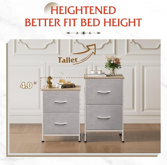 WLIVE Nightstand, Nightstand with 2 Drawers, Bedside Furniture, Night Stand, Small Dresser for Bedroom, College Dorm, End Table with Fabric Bins, Dormitory, Light Grey, Size L