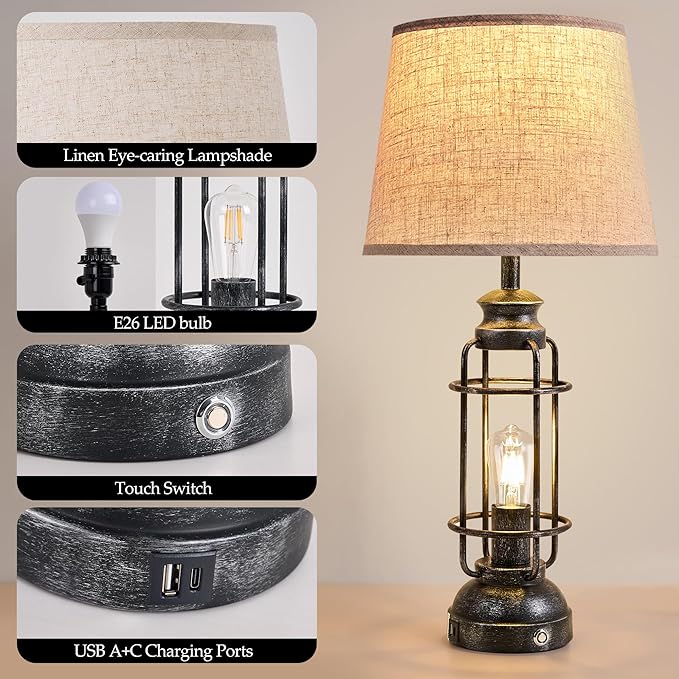 28" Table Lamps for Living Room Set of 2, 3 Way Dimmable Touch Lamps with USB A+C Ports,Farmhouse Table Lamps for Bedroom,Industrial Lamp for Living Room End Tables, 4 Bulbs Included