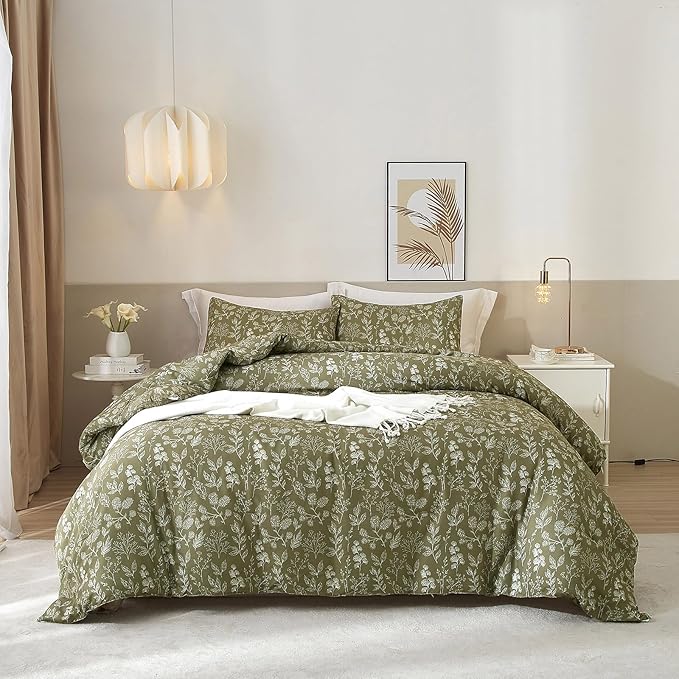 EAVD Fresh Botanical Floral Comforter Set King Dark Olive Green Soft Microfiber Chic Cute Garden Floral Bedding Comforter Set 1 King Comforter and 2 Pillowcases Botanical Comforter for All-Season