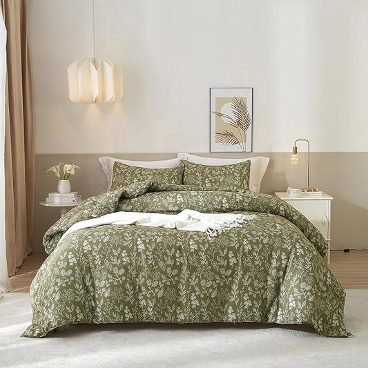 EAVD Fresh Botanical Floral Comforter Set King Dark Olive Green Soft Microfiber Chic Cute Garden Floral Bedding Comforter Set 1 King Comforter and 2 Pillowcases Botanical Comforter for All-Season
