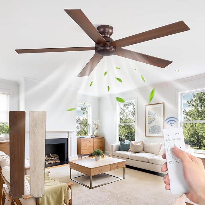 60 Inch Low Profile Ceiling Fan no Lights, Brown Farmhouse Ceiling Fan without Light, 6-Speeds, Quiet Reversible DC Motor, Indoor/Outdoor Ceiling Fans for Patio, Living Room, Bedroom