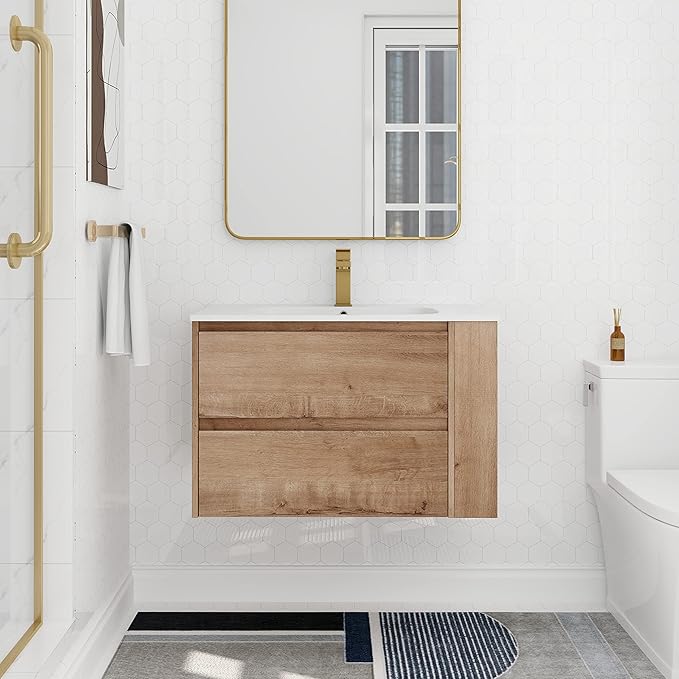 Goujxcy 30" Wall Mounted Bathroom Vanity with Sink, Modern Floating Bathroom Cabinet with White Gel Basin and Storage Drawer/Adjustable Side Shelf, Soft-Closing Door Wood Hanging Bath Room Cabinet