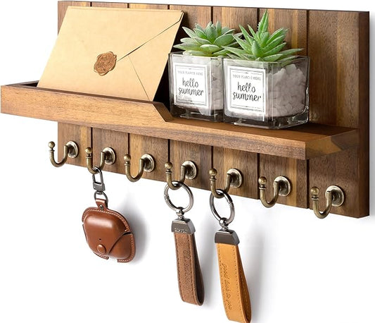 Rebee Vision Key Holder Wall Mount for Home Decor - Key Holder for Wall with Floating Shelf for Hanging Coats & Hats - to Elevate Farmhouse Decor (Acacia Wood, 3.54''×15''×7.28'')