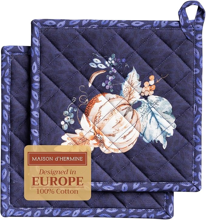 Maison d' Hermine Pot Holders Set 100% Cotton Heat Resistant Potholders 8" x 8" Hot Pads with Loop for Thanksgiving Christmas Decorations BBQ Baking Handling Hot Pans (Pack of 2, Pumpkin Blues)