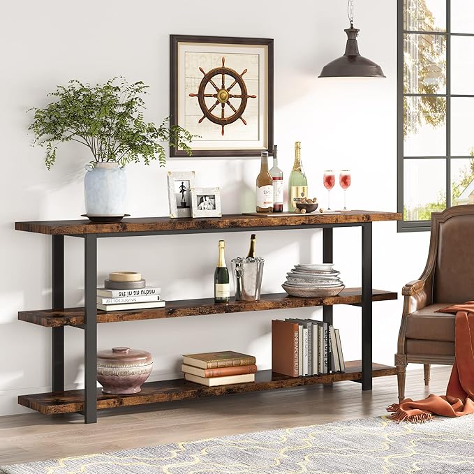 VANOMi 70.8 Inch Extra Long Console Table for Entryway, Narrow Hallway Table, Wood Sofa Table with 3 Tier Storage Shelves for Living Room