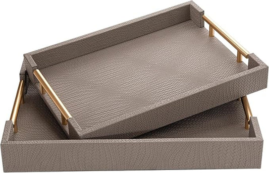 2 Piece Woven Leather Ottoman Tray with Gold Handles, Perfect Rectangular Serving Tray for Living Room, Coffee Table Tray as Thoughtful Gift for Home Decor Enthusiasts (Coffee Brown)