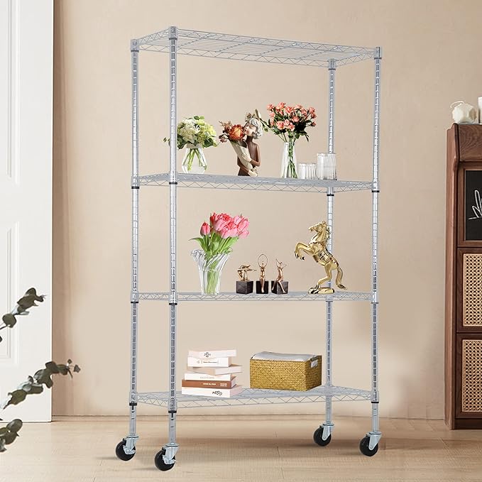 BestOffice | 4-Tier Wire Storage Shelves with Wheels | 36x14x62 | Chrome | Adjustable Racks | Heavy-Duty Metal Shelf, Holds Upto 500 lbs | No-Tool Assembly | Ideal for Home & Garage Shelving