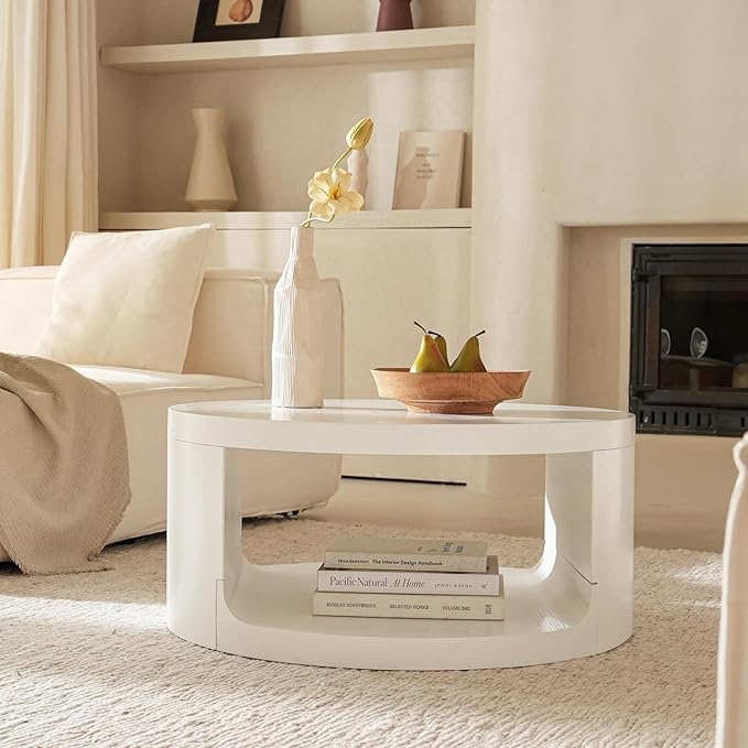 Round Coffee Table with Storage, 31.5" Modern Living Room Table, 2 Tier Circle Wood Center Tables for Apartment, Living Room, Open-Style Storage White Coffee Tables, 31.5"*15.7"(White)