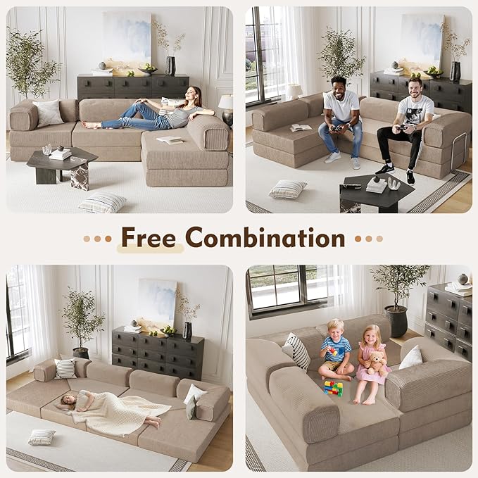 108" L Shaped Couch, Modular Sectional Sofa with Chaise, Cloud Boneless Couch with Deep Seat & Removable Pillow for Living Room, Bedroom,No Assembly Required（Camel）