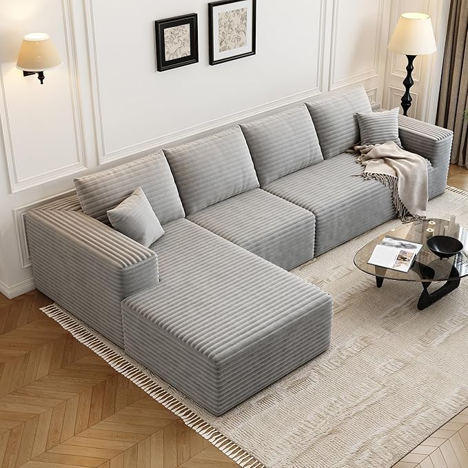 135.4" Cloud Modular Sectional Sofa Couch with L-Shape Chaise,Modern Minimalist Upholstered Couches for Living Room Bedroom,Deep Seat Corner Couch，No Assembly Required (Grey,Left Facing Chaise)