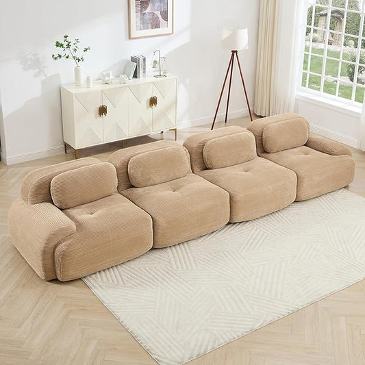 152" Modern Compressed Boneless Couch, 4 Seater Sectional Couches for Living Room, Camel Corduroy Cloud Modular Sectional Sofa, Comfy Memory Foam, Extra Deep, Sofas para Sala, No Assembly