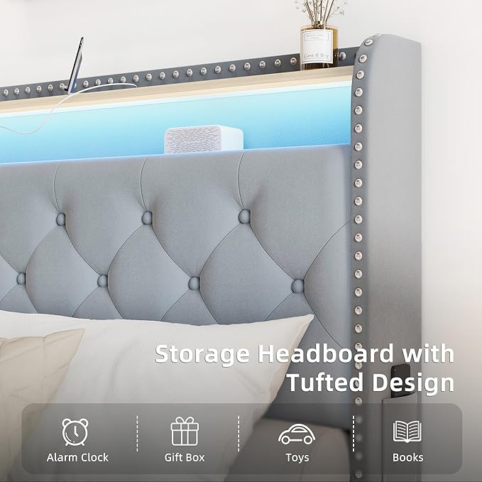 BRELTAM King Size Bed Frame with 4 Storaged Drawers,Upholstered Velvet Tufed Bed Frame with LED Light and Charging Station,Platform Bed Frame with Headboard Heavy Duty Wood Slats,Bluish Grey