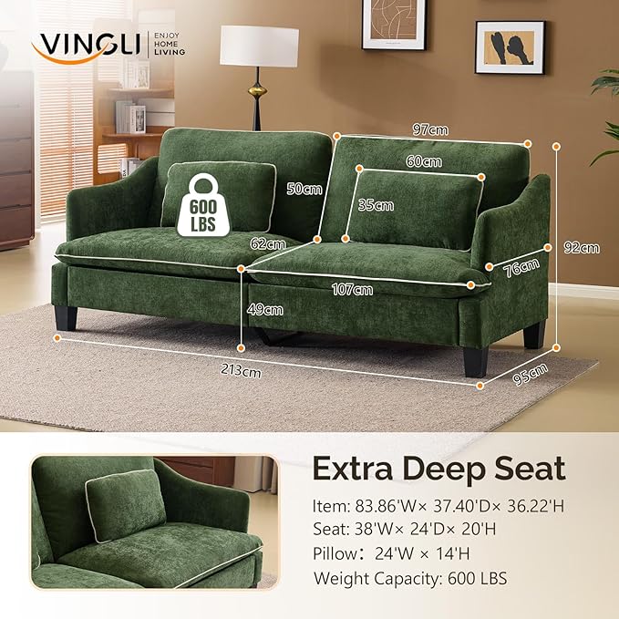 VINGLI 84" W Oversized Comfy Love Seat with Two Seats, Extra Deep Seat Piping Design Loveseat Couch with Two Pillows, Linen Fabric Modern Small Sofa for Small Living Room, Apartment, Bedroom, Green