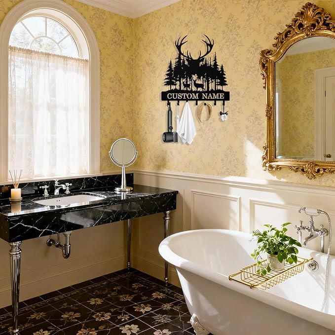 Personalized Deer Forest Key Holder Wall Mount, Custom Metal Keys Hanger for Wall with Name, Custom Key Rack Holder with Hooks for Entryway, Front Door, Hallway, Living Room, Kitchen