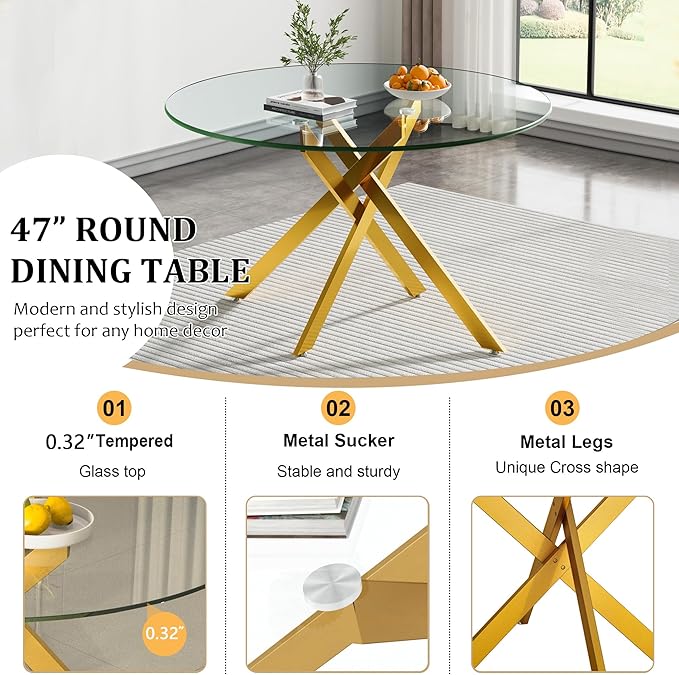 Goujxcy Round Dining Table Set for 4, Modern Glass Kitchen Table and Chairs Set of 4, 5 Piece Dining Room Table Set with 47" Circle Gold Metal Glass Dinner Tables and 4 Black Leather Dining Chairs