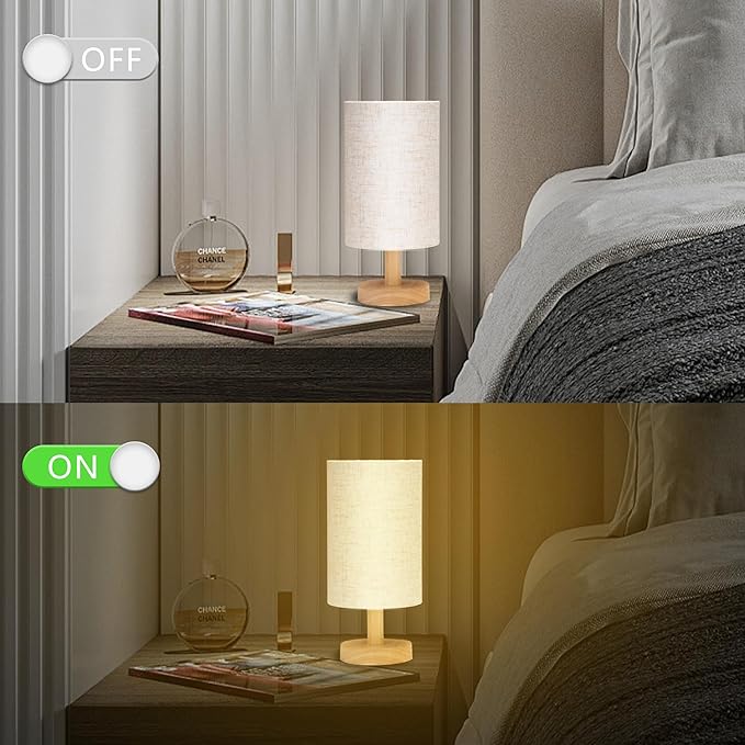 Small Table Lamp for Bedroom - Bedside Lamps for Night Stands, Minimalist Nightstand Light Lamp, Desk Lamps for Living Room, Office, Dorm(Wood Base, 10" Inline Control)