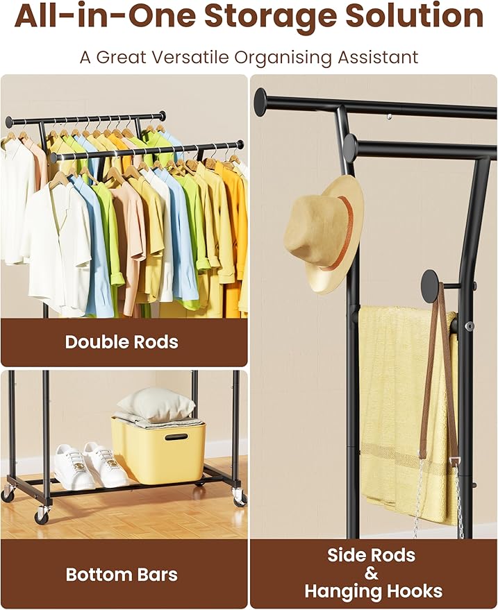 Double Rods Clothes Rack, Rolling Clothing Rack with Wheels, Metal Clothing Racks for Hanging Clothes, Portable Garment Rack Sturdy Closet Rack Trending Coat Rack for Laundry Bedroom Living Room