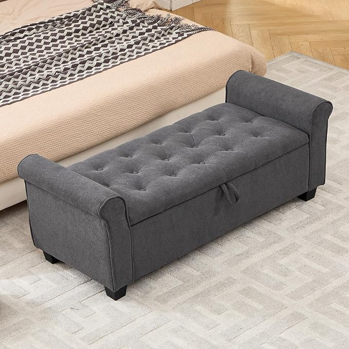 End of Bed Storage Bench for Bedroom, 49" Upholstered Storage Ottoman with Rolled Arms, Rivet Polyester Fabric Ottoman Bench for Bedroom, Living Room, Window, Entryway, Dark Gray