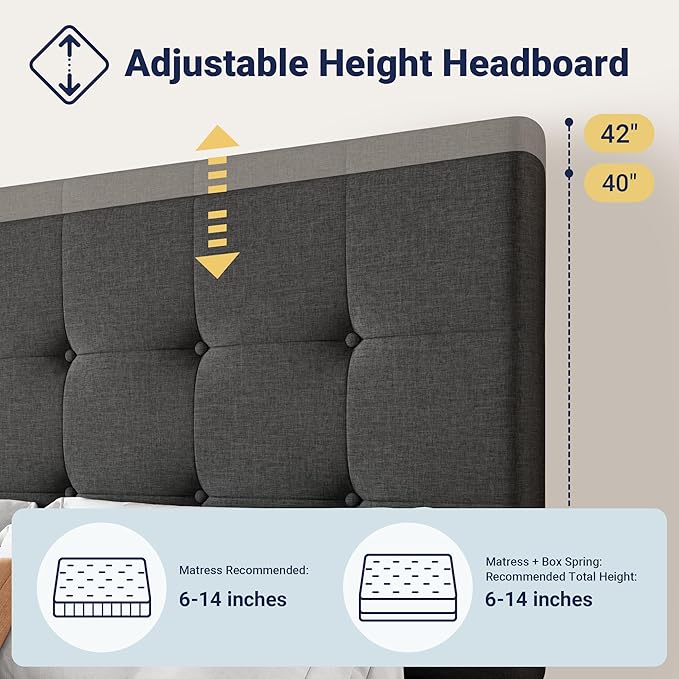 Allewie Upholstered Full Size Platform Bed Frame with 4 Storage Drawers and Headboard, Square Stitched Button Tufted, Mattress Foundation with Wooden Slats Support, No Box Spring Needed, Dark Grey