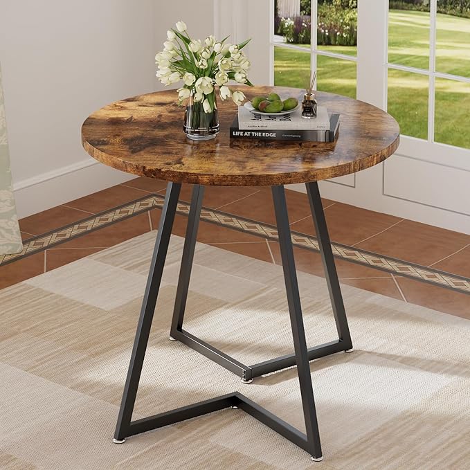 VECELO Round Dining Room Table with Wood Grain Tabletop and Steel Frame, for Kitchen, Living Room, Office, Conference, 2 to 4 Person, Antique Brown