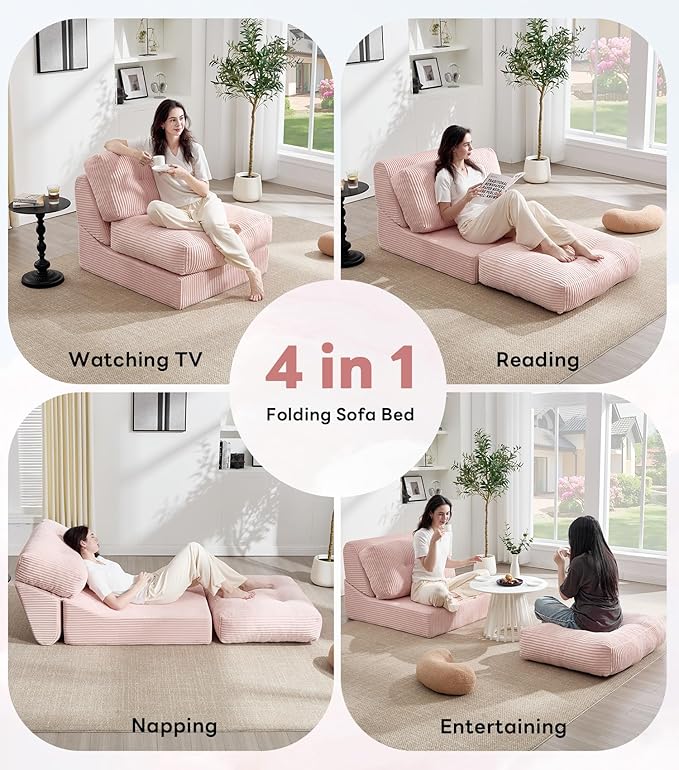 Tbfit Folding Sofa Bed, Convertible Sleeper Chair with Large Pillow, Corduroy Folding Couch Bed, Portable & Foldable Mattress Boneless Floor Sofa for Living Room, Bedroom, Office, Pink, Single