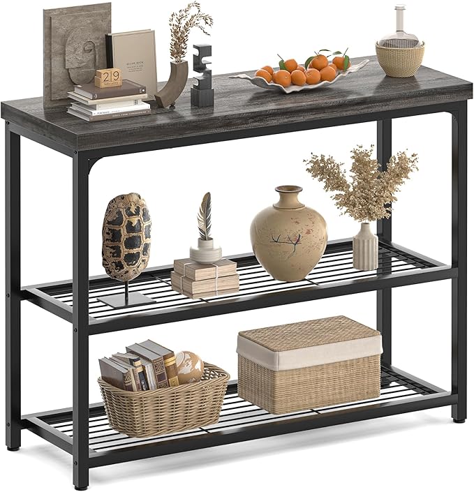 32" Small Console Table with Storage, 3-Tier Narrow Entryway Table, Sturdy Sofa Table with Mesh Shelves, Console Tables for Living Room, Bedroom, Hallway, Entryway, Foyer, Oak Grey