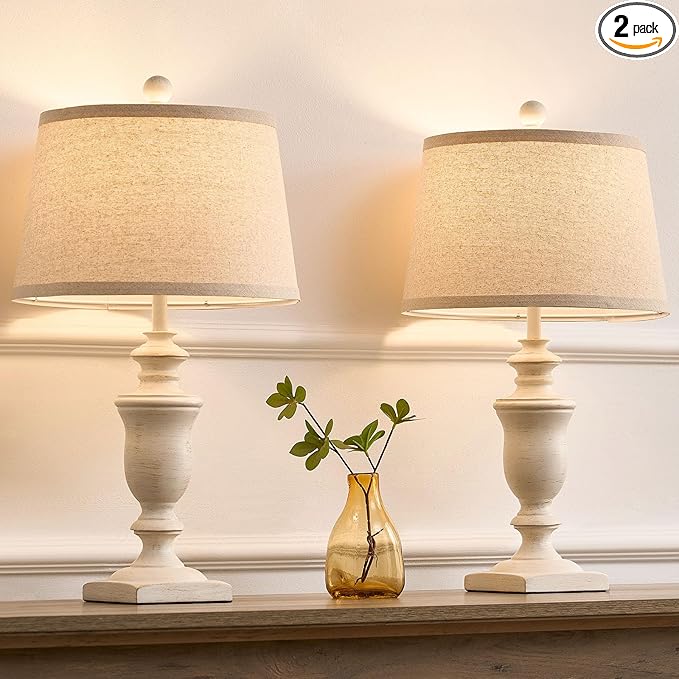 23" Farmhouse Table Lamps Set of 2, 3 Way Dimmable Lamps with 2 LED Bulbs and Rocker Switch, Vintage Nightstand Lamp for Bedroom Living Room Office End Table Entryway, White