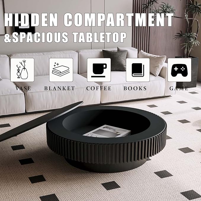 39'' Large Round Coffee Table with Storage, Fluted Coffee Table with Solid Wood Veneered, Mid Century Modern Wooden Center Table, Accent Tea Table for Living Room Apartment, Black