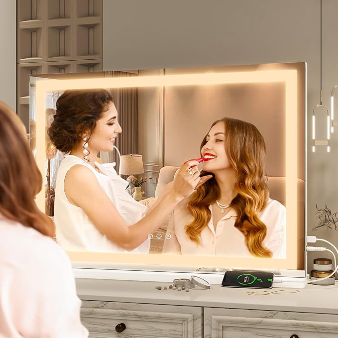 FENNIO Vanity Mirror with Lights 32"x22", Lighted Makeup Mirror, Large Vanity Mirror, Touch Sensor with 3-Color Lighting, USB Charging Port for Vanity Desk（Square White）