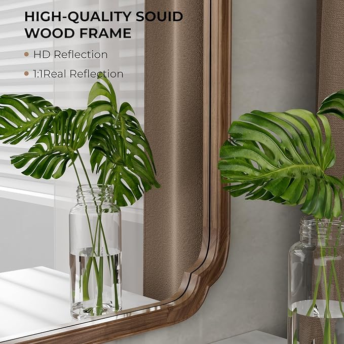 WallBeyond 20" x 30" Rounded Corner Arch Wall Mirror with Wood Frame for Entryway, Living Room or Bedroom Home Decor - Light Woodgrain [20" x 30" Walnut]