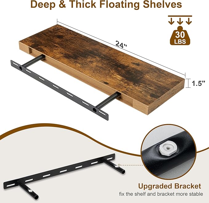 Fun Memories Floating Shelves for Wall, 24Inch Floating Shelves Set of 2, Hanging Shelf with Invisible Brackets, Wood Shelves for Living Room, Bedroom, Kitchen, Brown