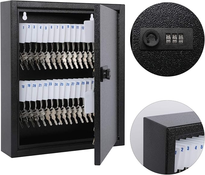 KYODOLED Locking Key Cabinet, 60 Key Storage Lock Box with Code, Key Box Wall Mount with Combination Lock, Key Hooks & Tags Key Labels(Black,60 Key)