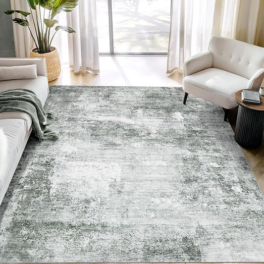 Abstract Washable Area Rug - 6x9 Large Living Room Rugs Soft Stain Resistant Non-Slip Low Pile Foldable Neutral Modern Carpet for Indoor Bedroom Dining Room Home Studio Office - Black/Grey