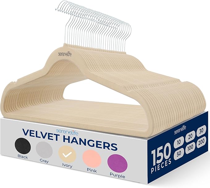SereneLife 150 Pack Velvet Hangers - Non-Slip with 360° Swivel Hook - Ultra-Thin, Lightweight, Space-Saving, Felt Hangers for Shirts, Sweaters, Hoodies, Kids Clothes & Dresses