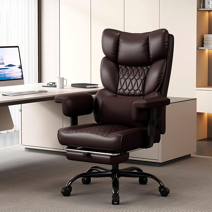 Misolant Big and Tall Office Chair with Footrest, High Back Executive Desk Chair with Adjustable Lift Armrest, 155°Recline，Lumbar Support Pillow, Faux Leather Gaming Chairs for Home or Office Brown
