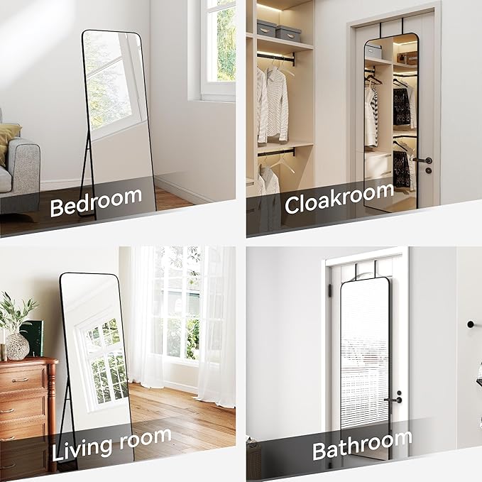 57x20 Door Hanging Full Length Mirror, Floor (Height 5.7ft just Body in 1.3ft) or Wall Mounted Metal Frame Rectangle Dressing Mirrors for Bedroom Bathroom Living Room 57 inch Black