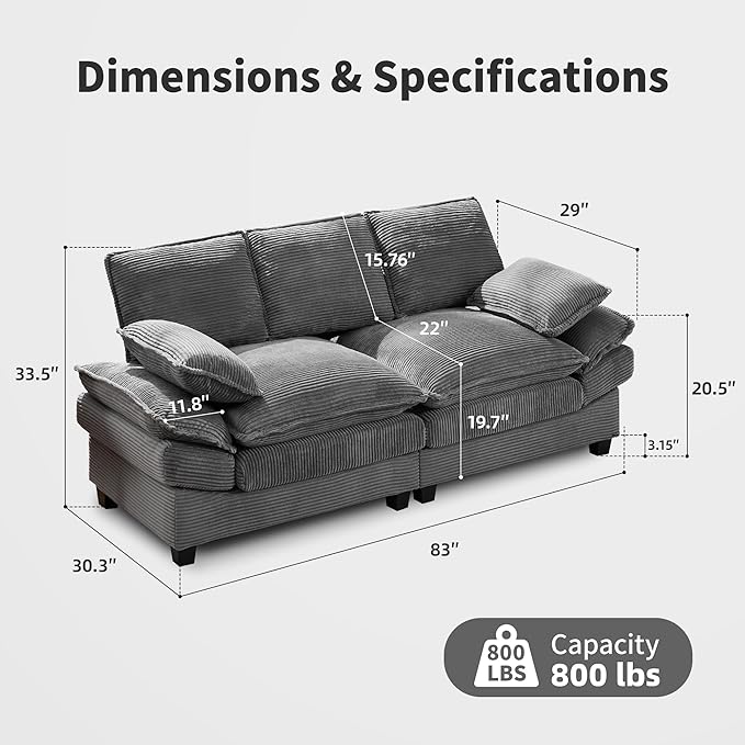 83" Loveseat Sofa, Cloud Couches for Living Room, Comfy Corduroy Couch with Deep Seat, Love Seat Couches for Bedroom, Apartment and Office, Easy Assemble for Small Space (Grey)
