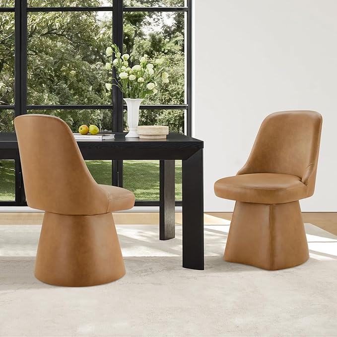 Swivel Dining Chairs Set of 1, Upholstered Mid Century Modern Deskchair with High Back, Faux Leather Kitchen Chairs for Dining Room, Bedroom, Dressing Room, Brown